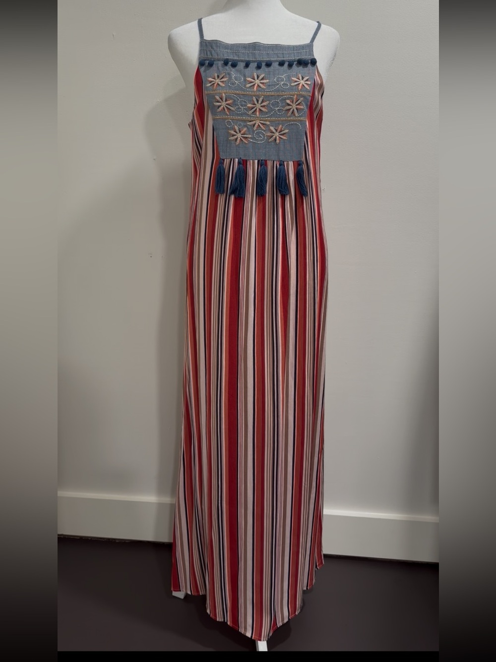 THML Red, Navy & Beige Striped Maxi Dress